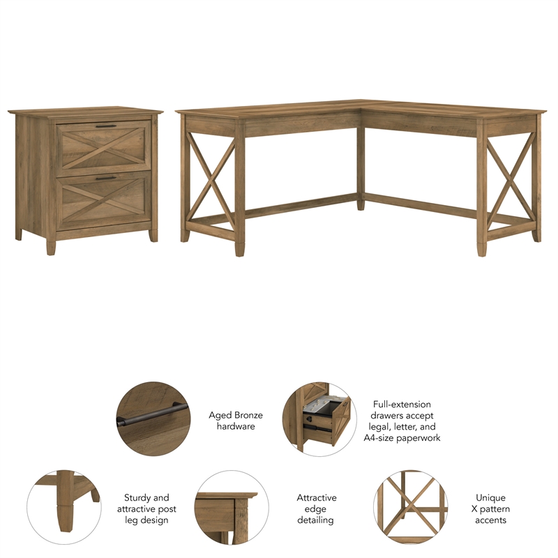 Key West L Desk with Lateral File Cabinet in Reclaimed Pine - Engineered Wood