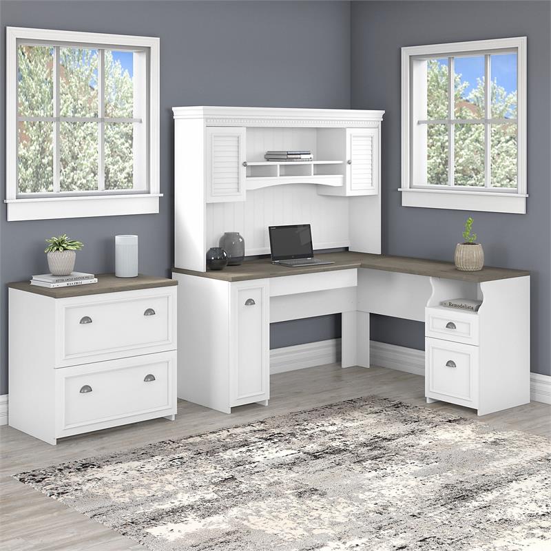 Fairview L Desk with Hutch and File Cabinet in White and Gray - Engineered Wood