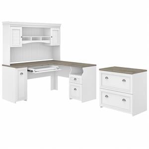 Fairview L Desk with Hutch and File Cabinet in White and Gray - Engineered Wood