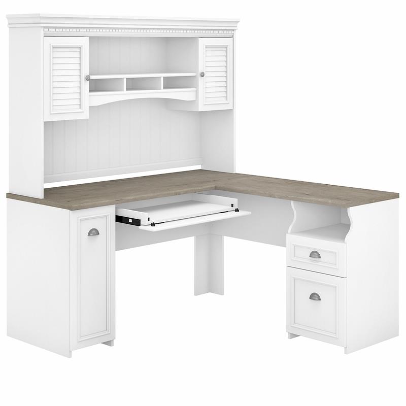 Fairview 60W L Desk with Hutch in Shiplap Gray and White - Engineered Wood