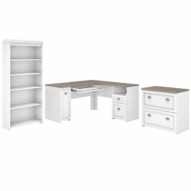 Fairview L Desk with File Cabinet and Bookcase in White/Gray - Engineered Wood