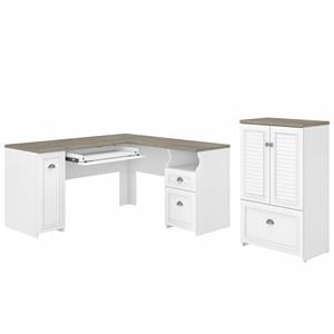 Fairview L Desk and Storage File Cabinet in White and Gray - Engineered Wood