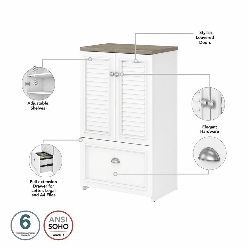 Fairview L Desk with Hutch and Storage Cabinet in White/Gray - Engineered Wood