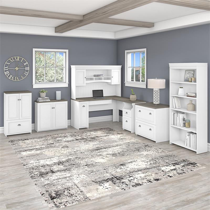Fairview L Desk 6 Pc Office Set in Pure White and Gray - Engineered Wood