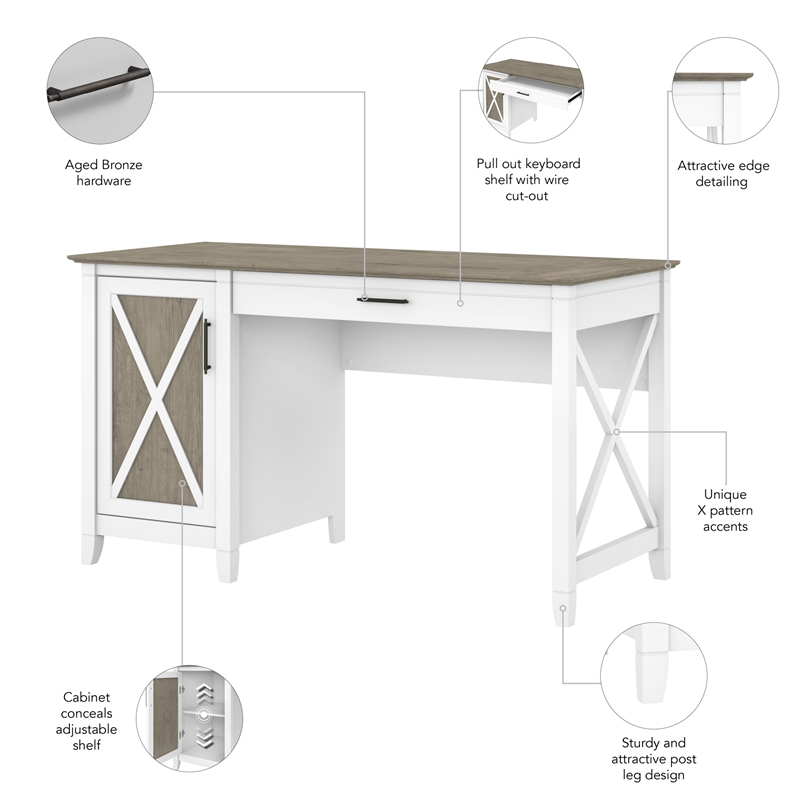 Key West 54W Computer Desk with Storage in White and Gray - Engineered Wood