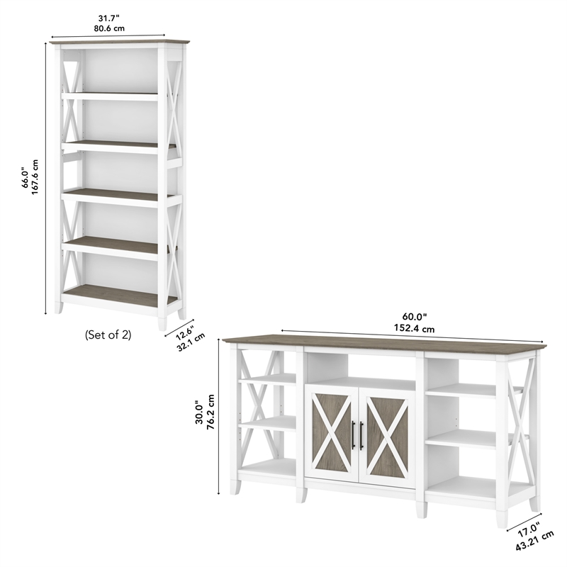 Key West Tall TV Stand with Bookcases in White and Gray - Engineered Wood