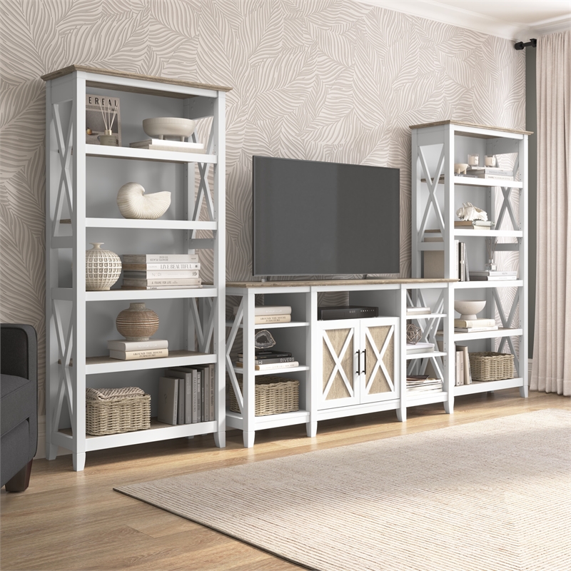 Key West Tall TV Stand with Bookcases in White and Gray - Engineered Wood