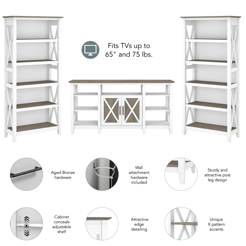 Key West Tall TV Stand with Bookcases in White and Gray - Engineered Wood