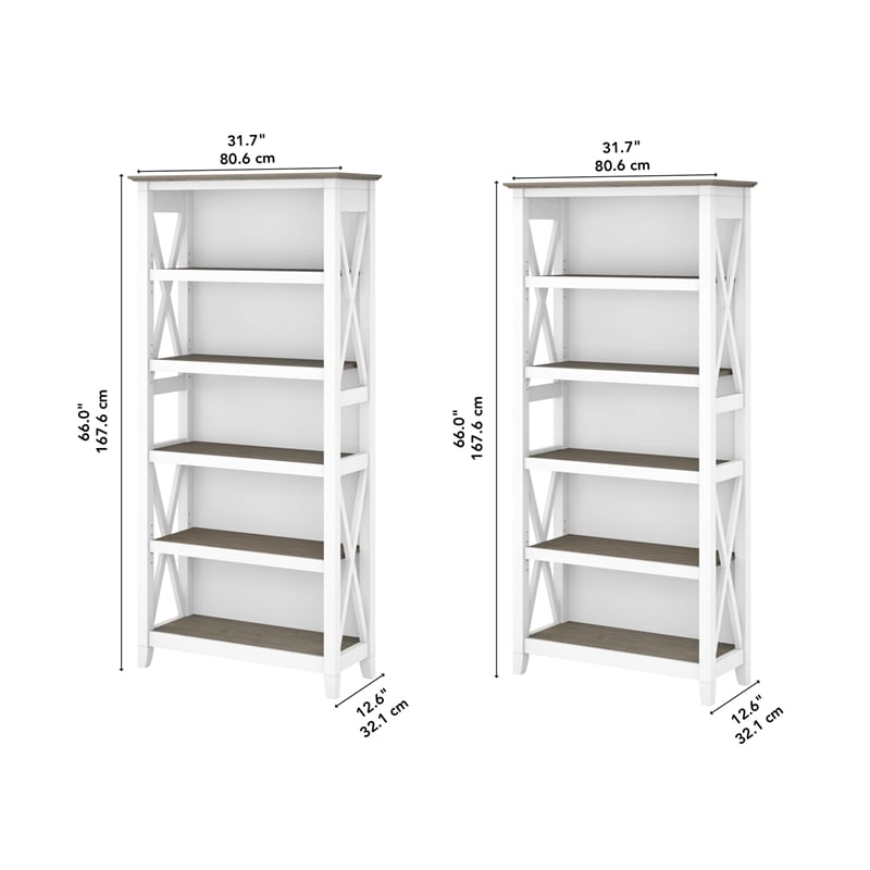 Key West 5 Shelf Bookcase Set in Pure White and Shiplap Gray - Engineered Wood