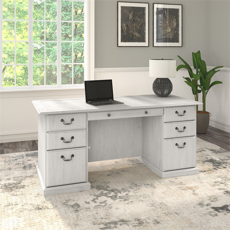 Bush Furniture Saratoga Executive Desk with Drawers in Linen White Oak