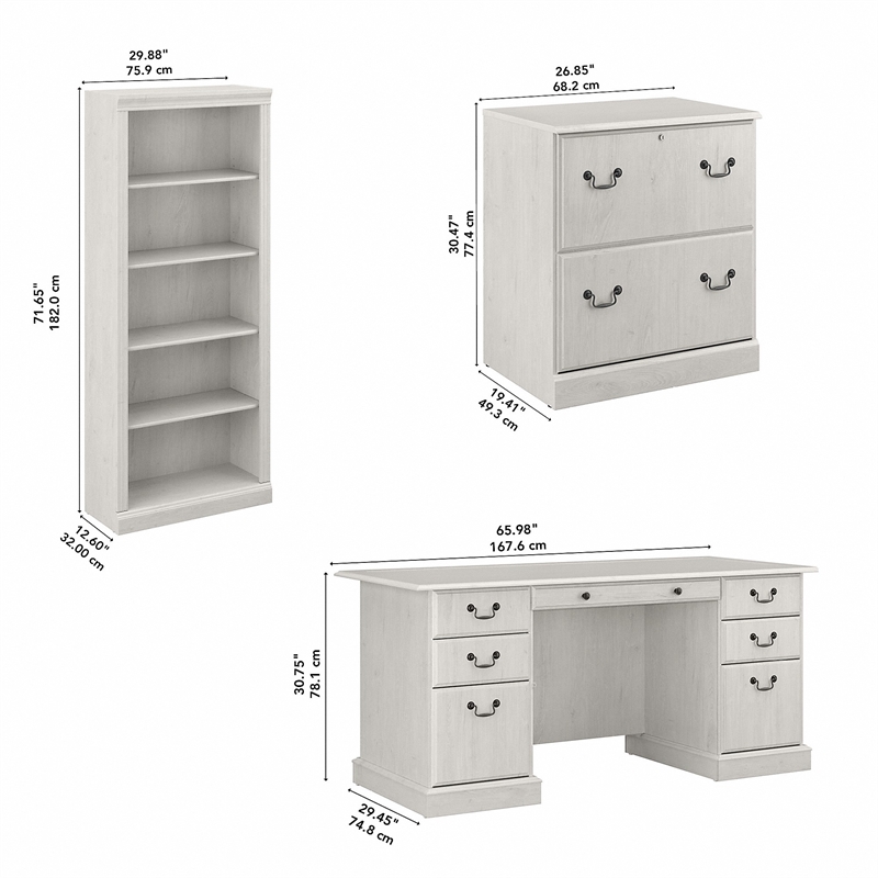 Bush Furniture Saratoga Executive Desk with Storage Set in Linen White Oak