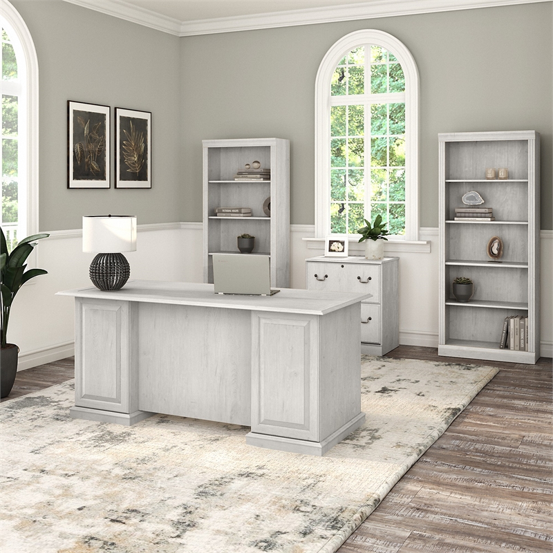 Bush Furniture Saratoga Executive Desk with Storage Set in Linen White Oak