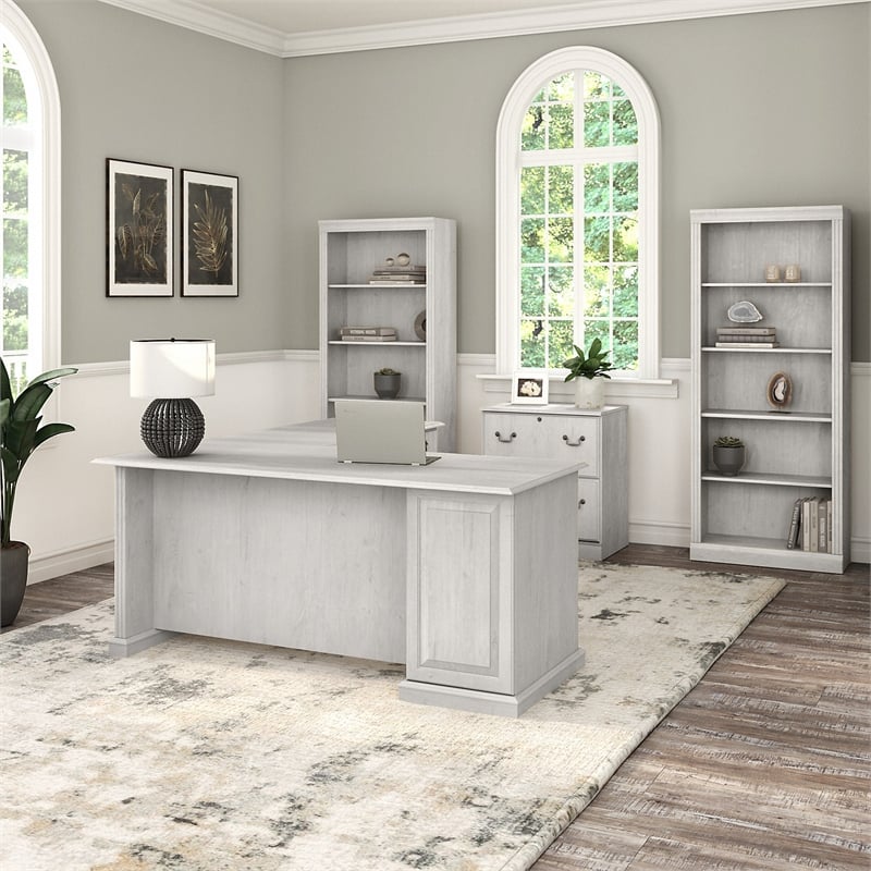 Saratoga L Shaped Desk with Storage Set in Linen White Oak - Engineered Wood