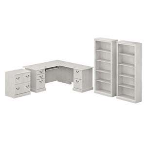 Saratoga L Shaped Desk with Storage Set in Linen White Oak - Engineered Wood