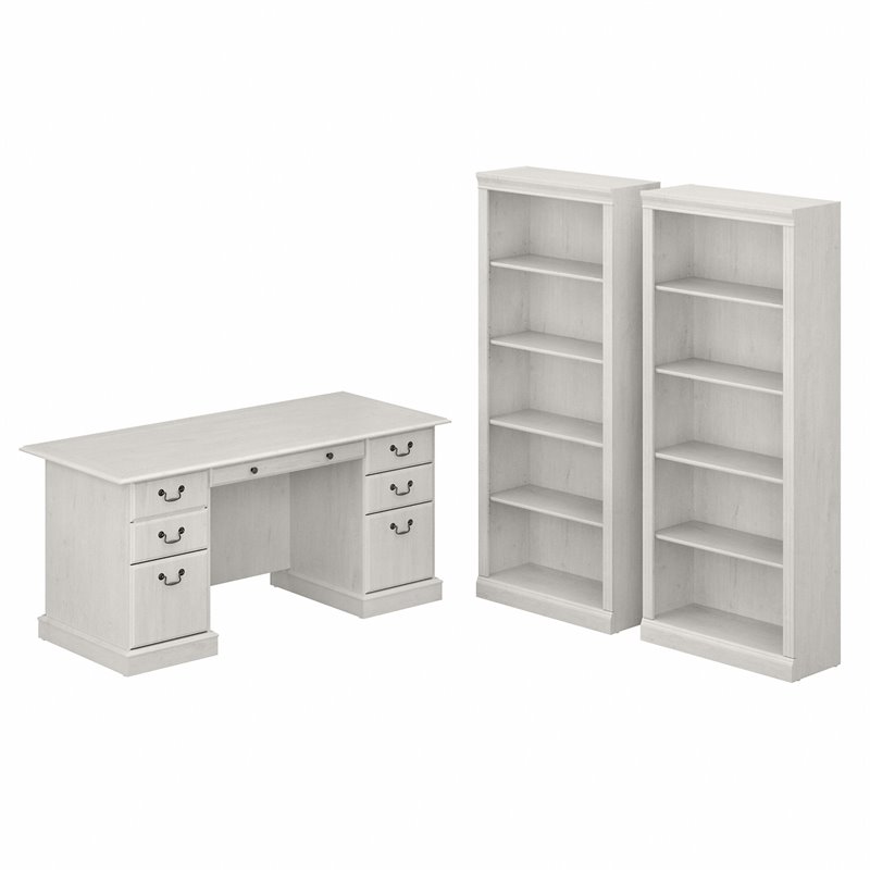 Saratoga Executive Desk and Bookcase Set in Linen White Oak - Engineered Wood