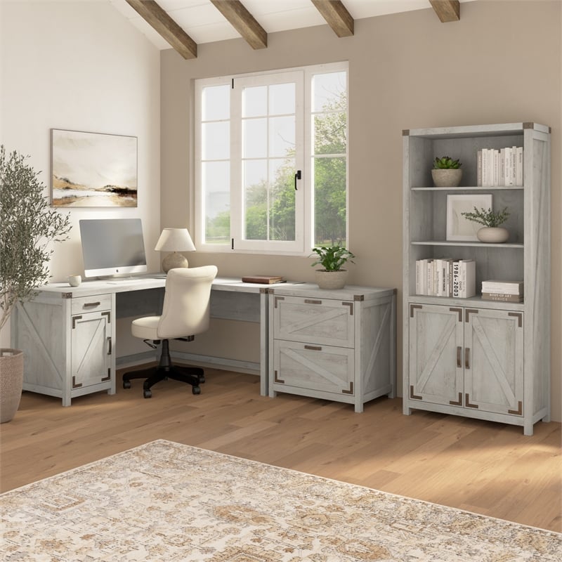 Bush Furniture Knoxville 60W L Shaped Desk with Storage Cabinet in Cottage White