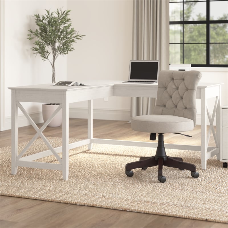 Key West 60W L Shaped Desk in Linen White Oak - Engineered Wood