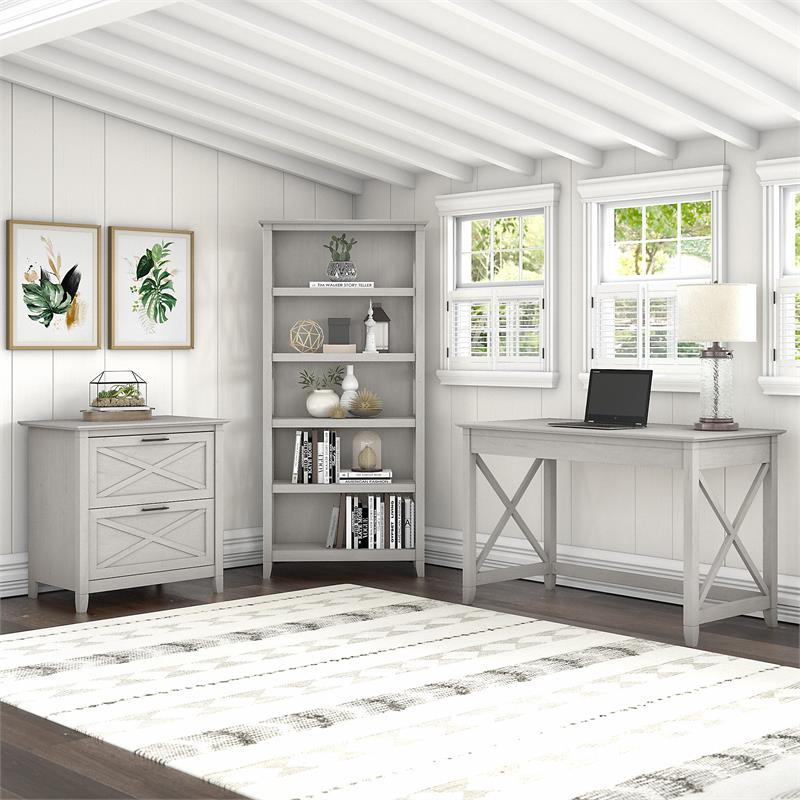 Key West Writing Desk with File Cabinet and Bookcase in White - Engineered Wood
