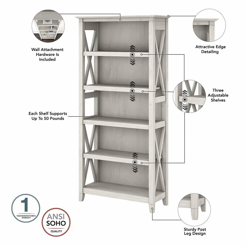 Key West Writing Desk with File Cabinet and Bookcase in White - Engineered Wood