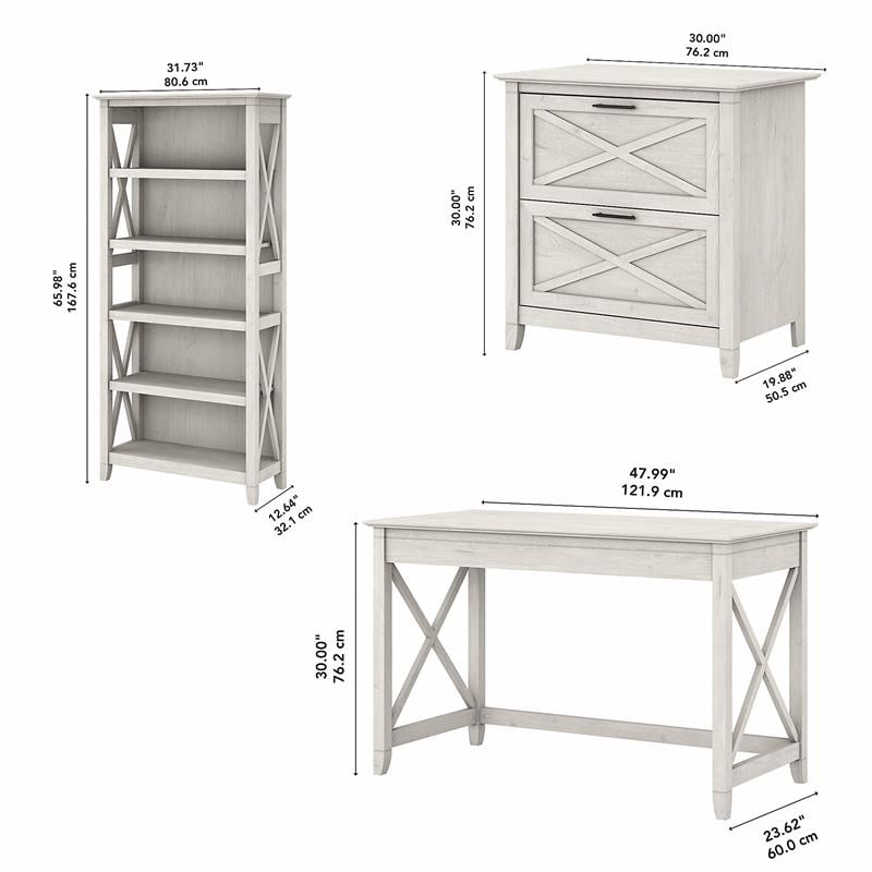 Key West Writing Desk with File Cabinet and Bookcase in White - Engineered Wood