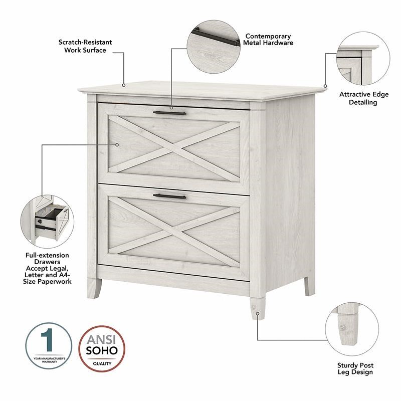 Key West Computer Desk with File Cabinet and Bookcase in White - Engineered Wood