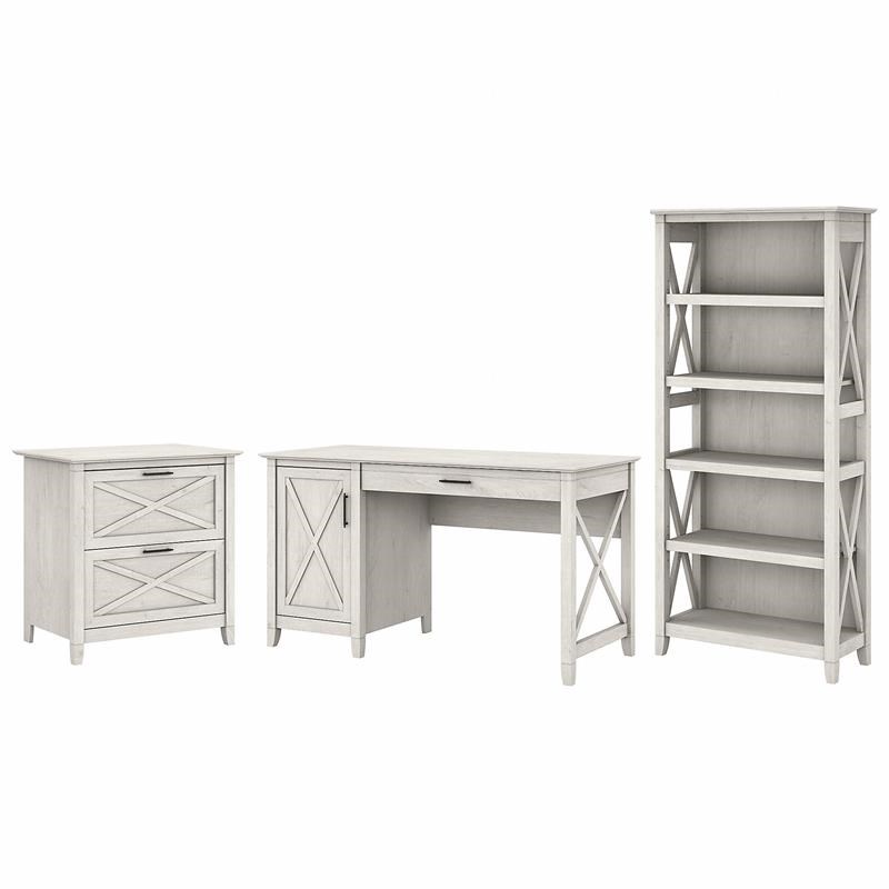 Key West Computer Desk with File Cabinet and Bookcase in White - Engineered Wood