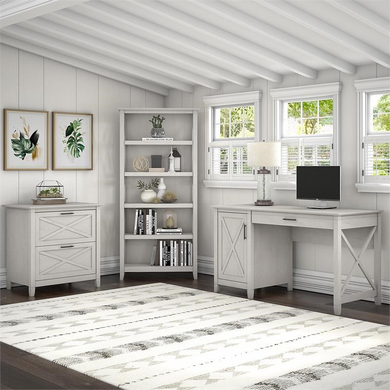 Key West Computer Desk with File Cabinet and Bookcase in White - Engineered Wood