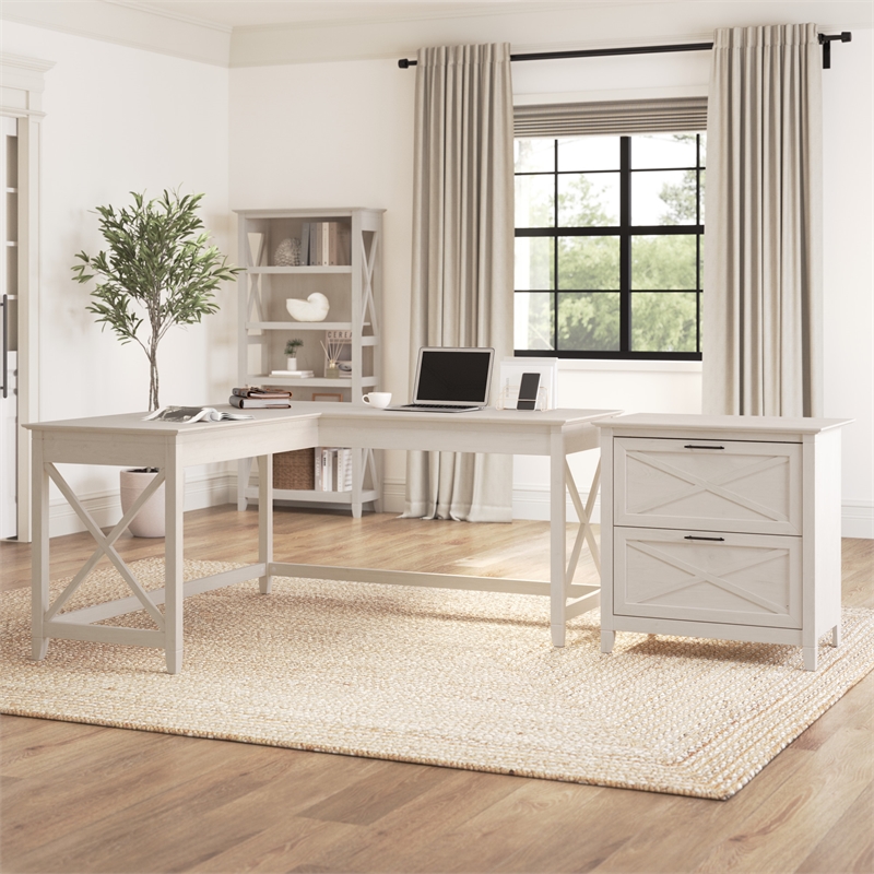 Key West 60W L Shaped Desk with Lateral File Cabinet in White - Engineered Wood