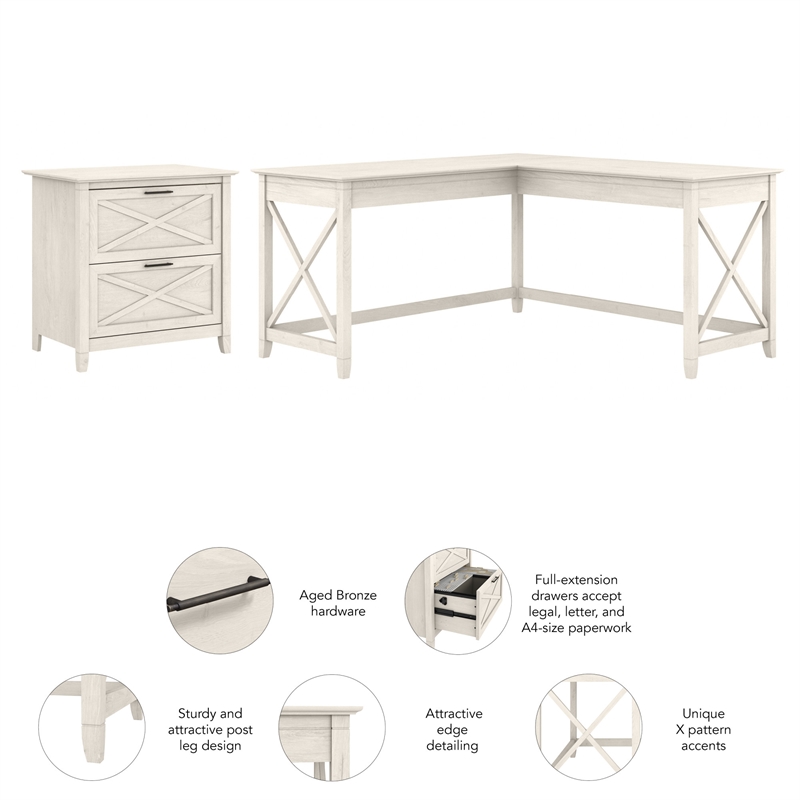 Key West 60W L Shaped Desk with Lateral File Cabinet in White - Engineered Wood