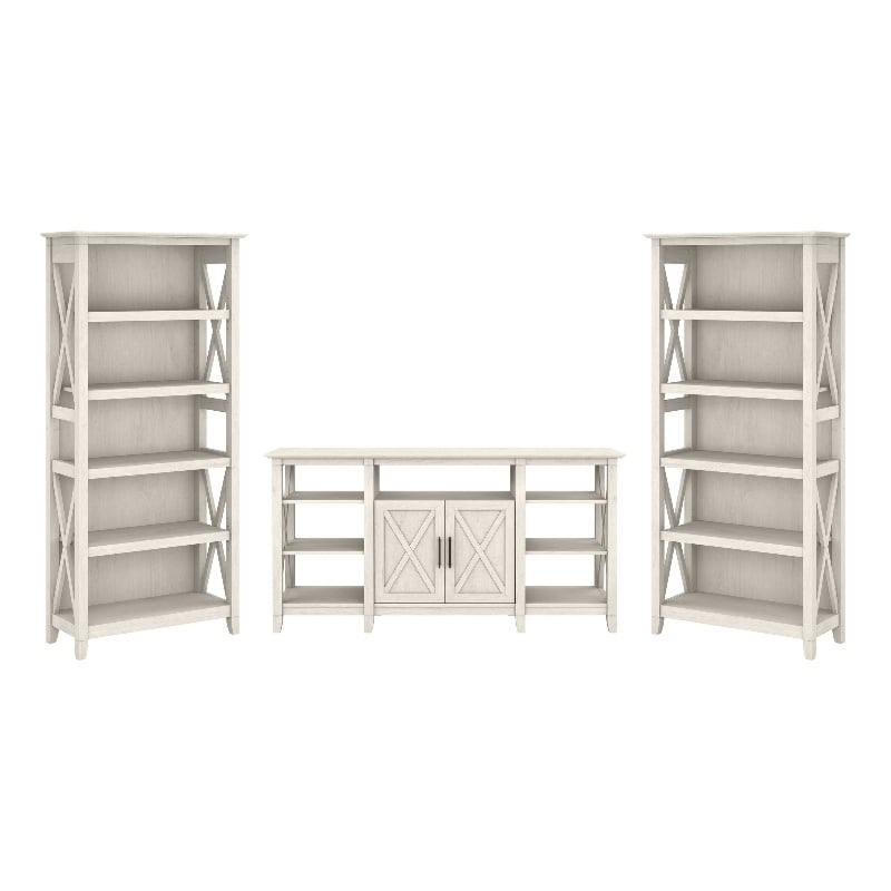 Key West Tall TV Stand with Set of 2 Bookcases in Linen White - Engineered Wood