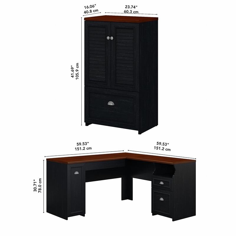 Fairview L Shaped Desk with Storage Cabinet in Antique Black - Engineered Wood