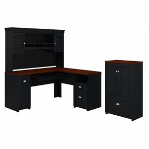 Fairview L Shaped Desk with Hutch and Storage Cabinet in Black - Engineered Wood