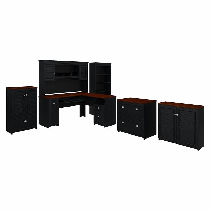 Fairview L Shaped Desk with Hutch and Storage Set in Black - Engineered Wood