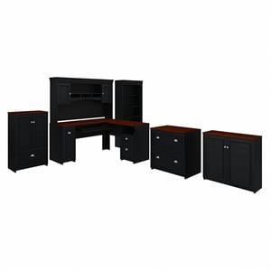 Fairview L Shaped Desk with Hutch and Storage Set in Black - Engineered Wood