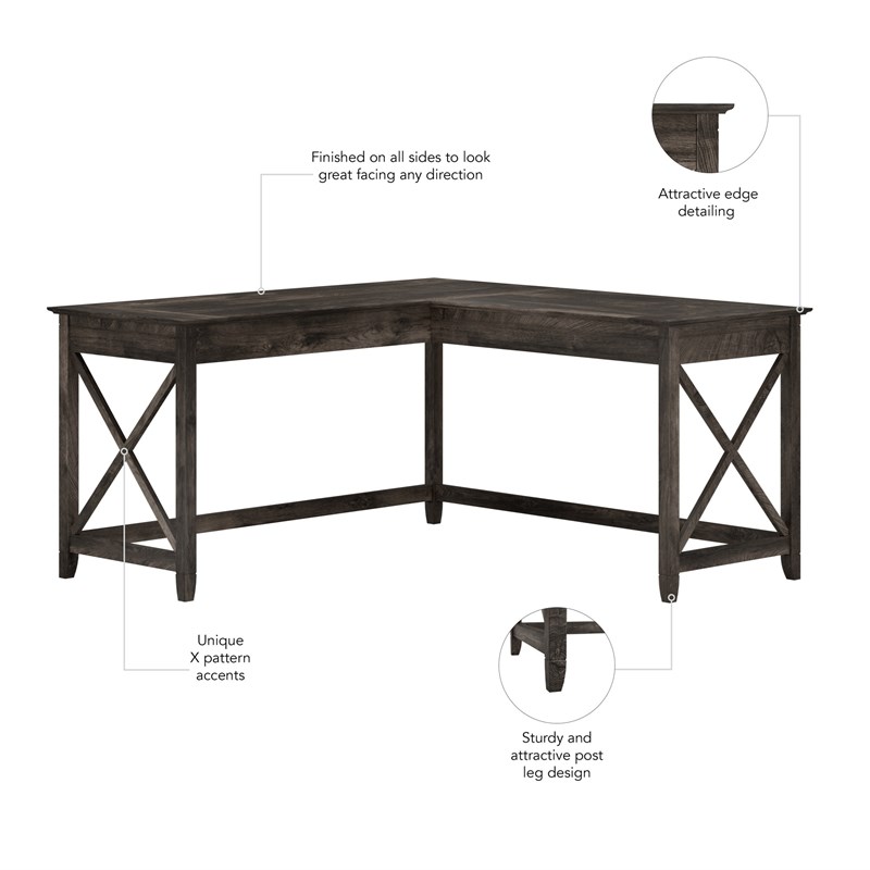 Key West 60W L Shaped Desk in Dark Gray Hickory - Engineered Wood