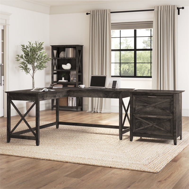Key West L Shaped Desk with Lateral File Cabinet in Dark Gray - Engineered Wood