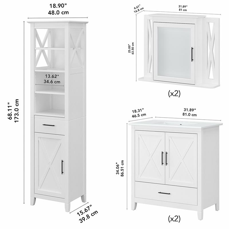 Bush Key West Engineered Wood Double Vanity Set with Linen Tower in White Ash