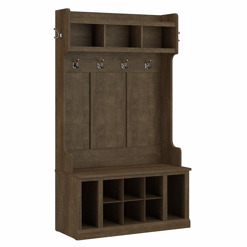 Woodland 40W Hall Tree and Shoe Bench w/ Shelves in Ash Brown - Engineered Wood