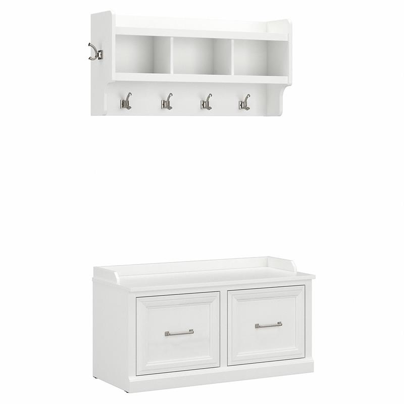 Woodland 40W Shoe Bench with Doors and Coat Rack in White Ash - Engineered Wood
