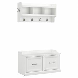 Woodland 40W Shoe Bench with Doors and Coat Rack in White Ash - Engineered Wood