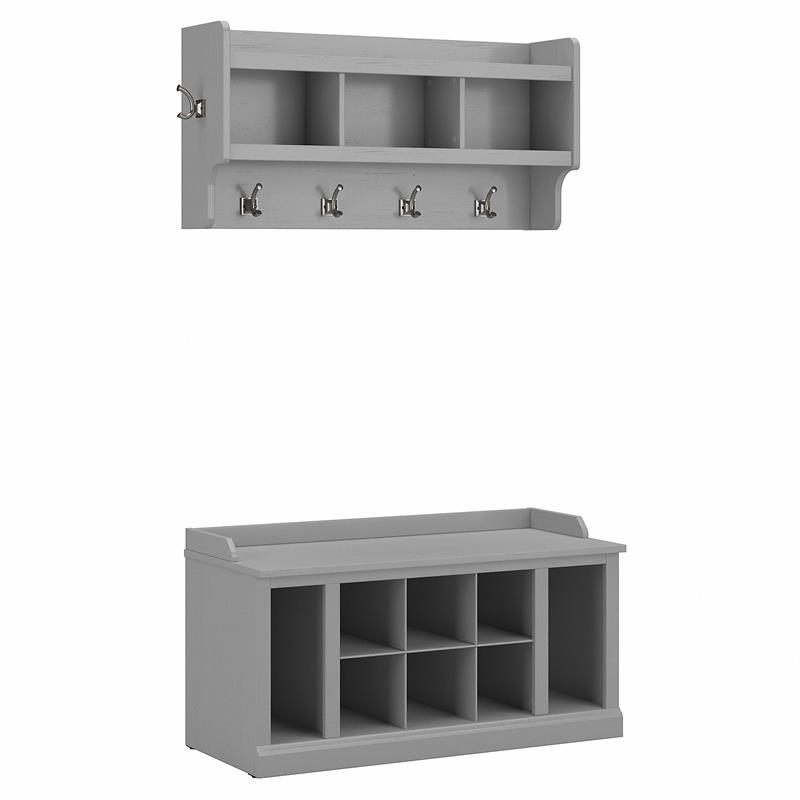 Woodland 40W Shoe Bench w/ Shelves and Coat Rack in Gray - Engineered Wood