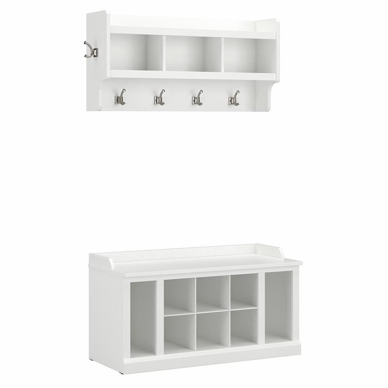 Woodland 40W Shoe Bench w/ Shelves and Coat Rack in White Ash - Engineered Wood