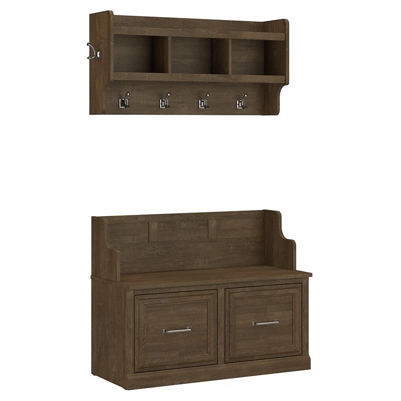 Woodland Entryway Bench with Doors and Wall Shelf in Ash Brown - Engineered Wood