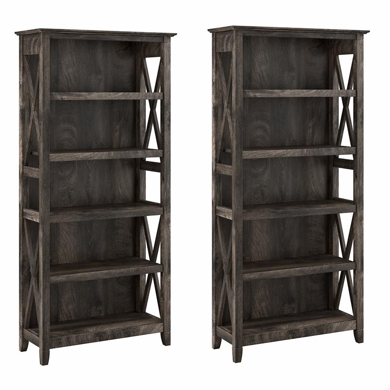 Key West 5 Shelf Bookcase Set in Dark Gray Hickory Engineered Wood