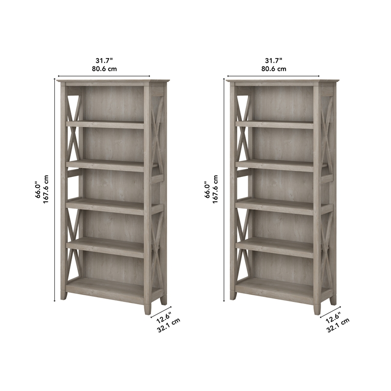 Key West 5 Shelf Bookcase Set in Washed Gray - Engineered Wood