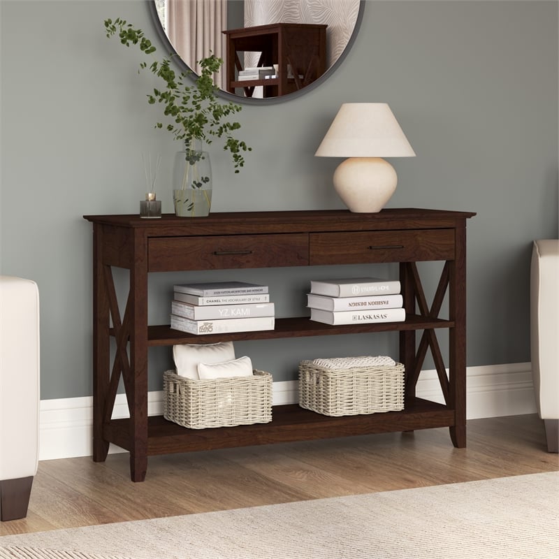 Key West Console Table with Drawers and Shelves in Bing Cherry - Engineered Wood