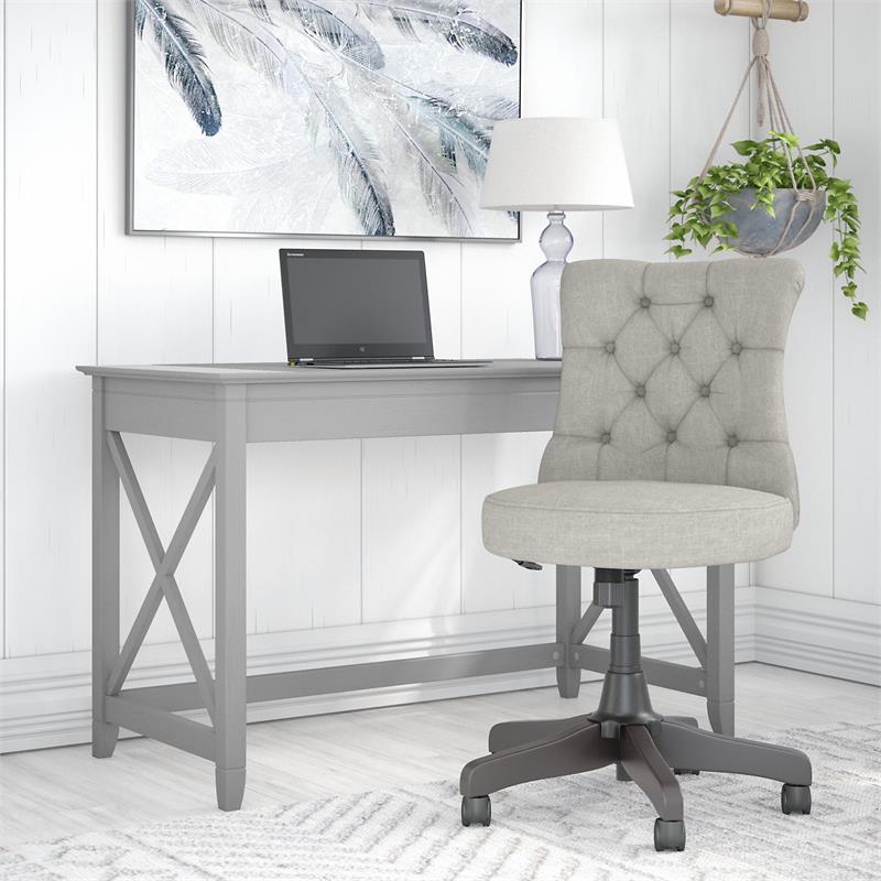 Bush Key West Engineered Wood Writing Desk with Tufted Chair in Cape Cod Gray
