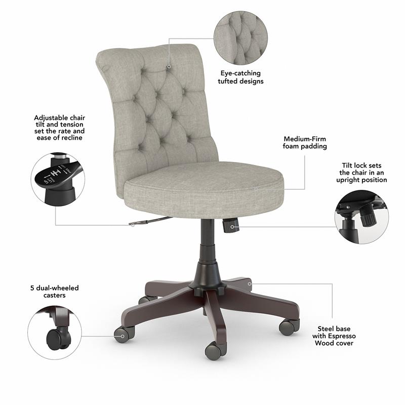Bush Key West Engineered Wood Writing Desk with Tufted Chair in Cape Cod Gray