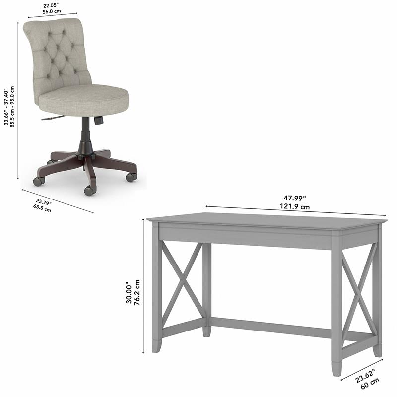 Bush Key West Engineered Wood Writing Desk with Tufted Chair in Cape Cod Gray