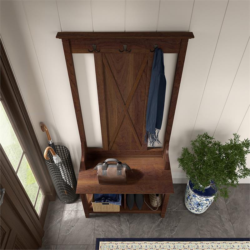 Key West Hall Tree with Shoe Storage Bench in Bing Cherry - Engineered Wood